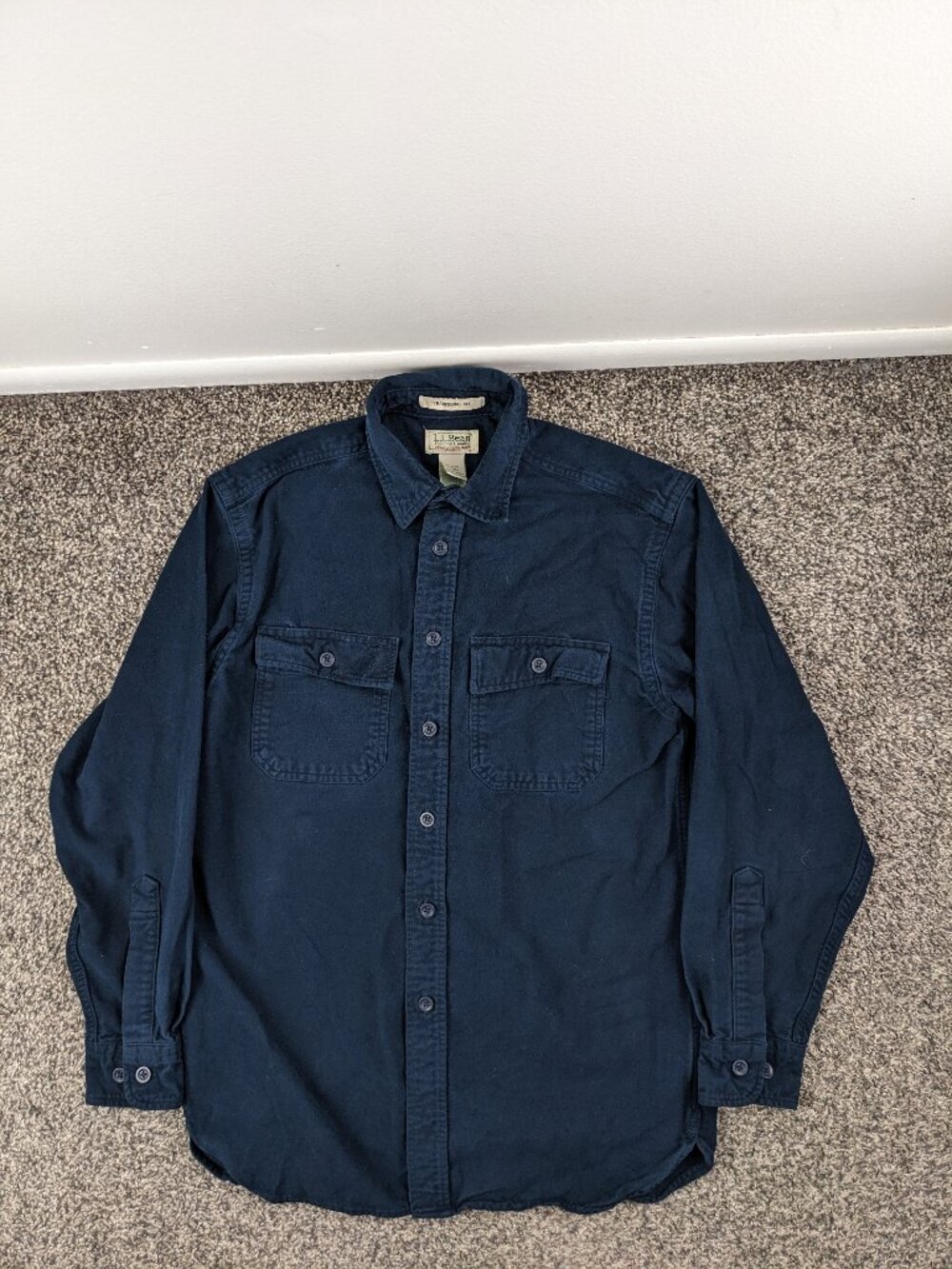 LL Bean Shirt Flannel Chamois Long Sleeve Button Up Navy Blue Mens Small